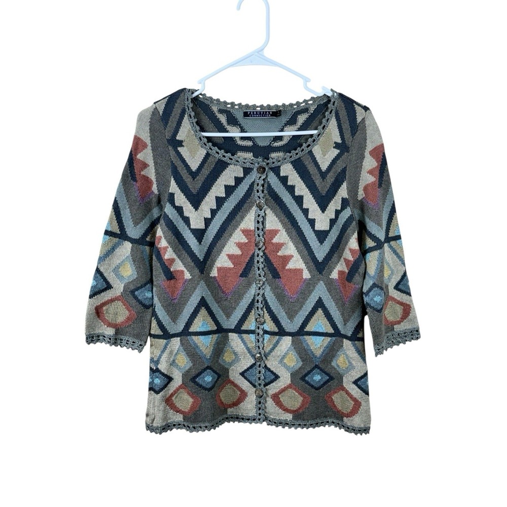Peruvian Connection Aztec Knit Pima Cotton Cardigan Button Artsy Sweater Small